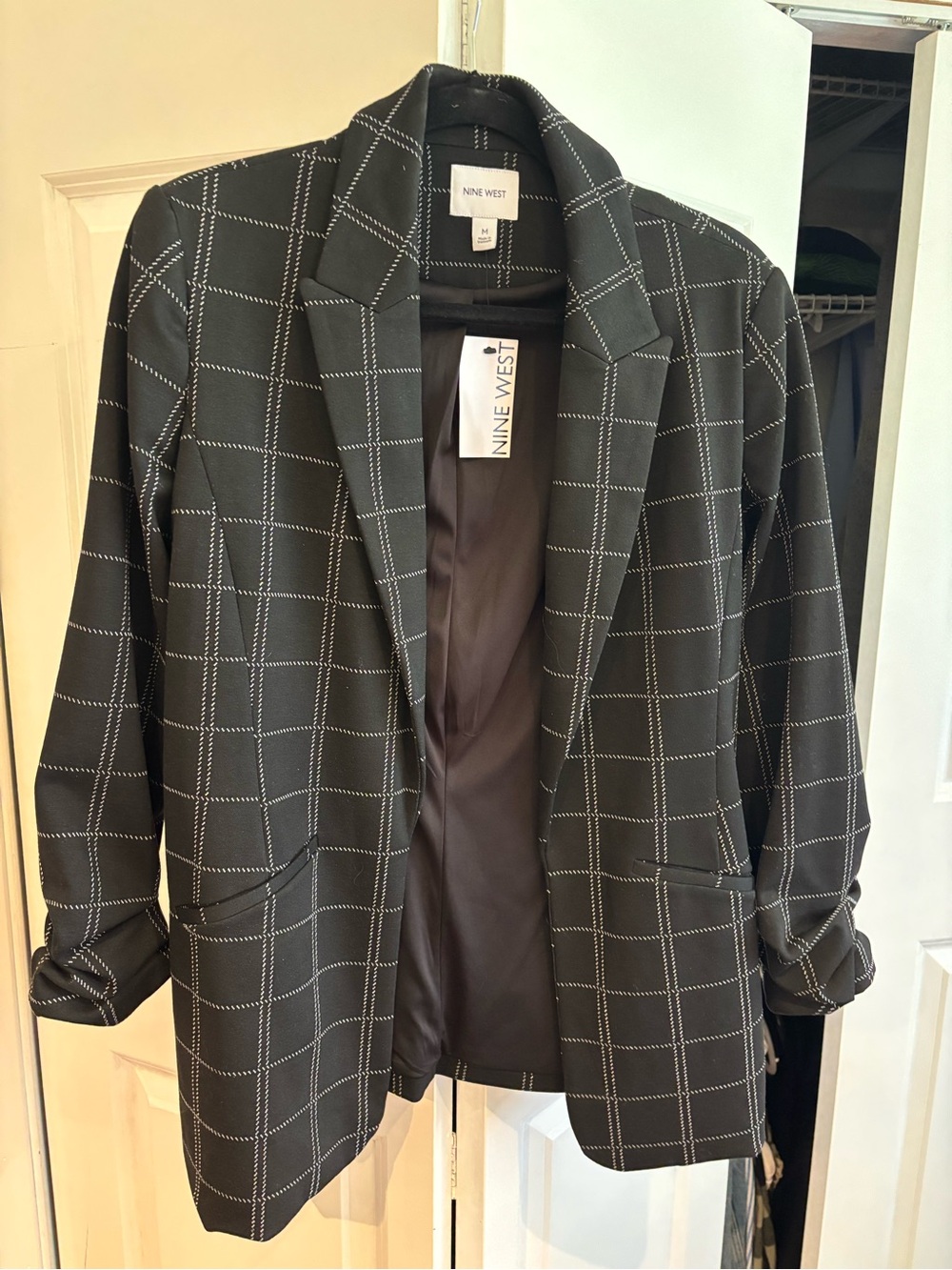Nine West Black Windowpane Open-Front Blazer